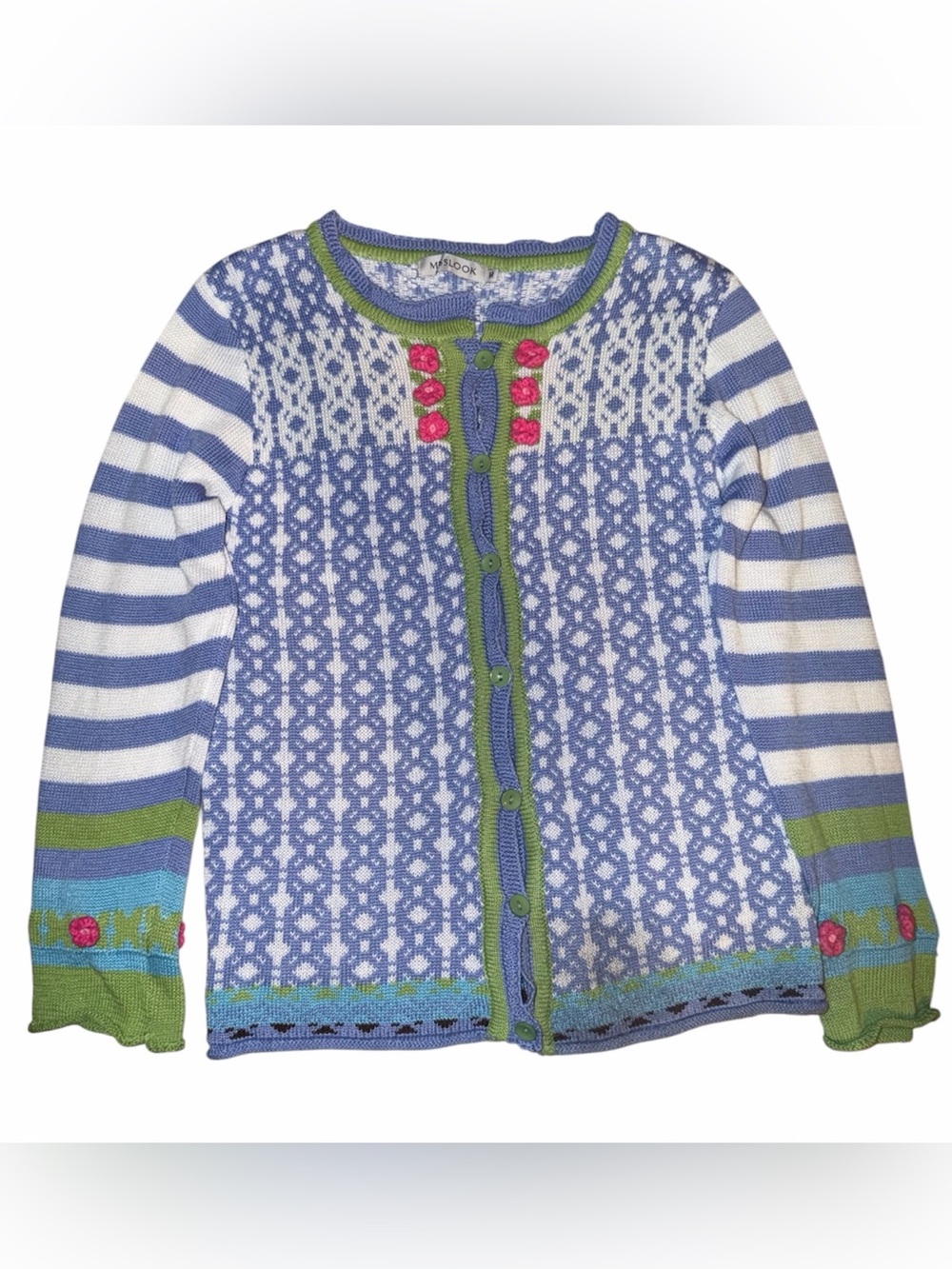 MISSLOOK Blue & White Patterned Knit Cardigan with Green Trim and Pink Accents
